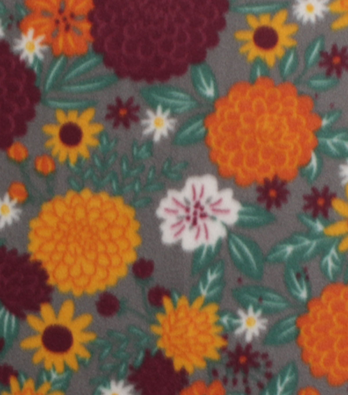Orange & Red Mums on Gray Blizzard Fleece Fabric