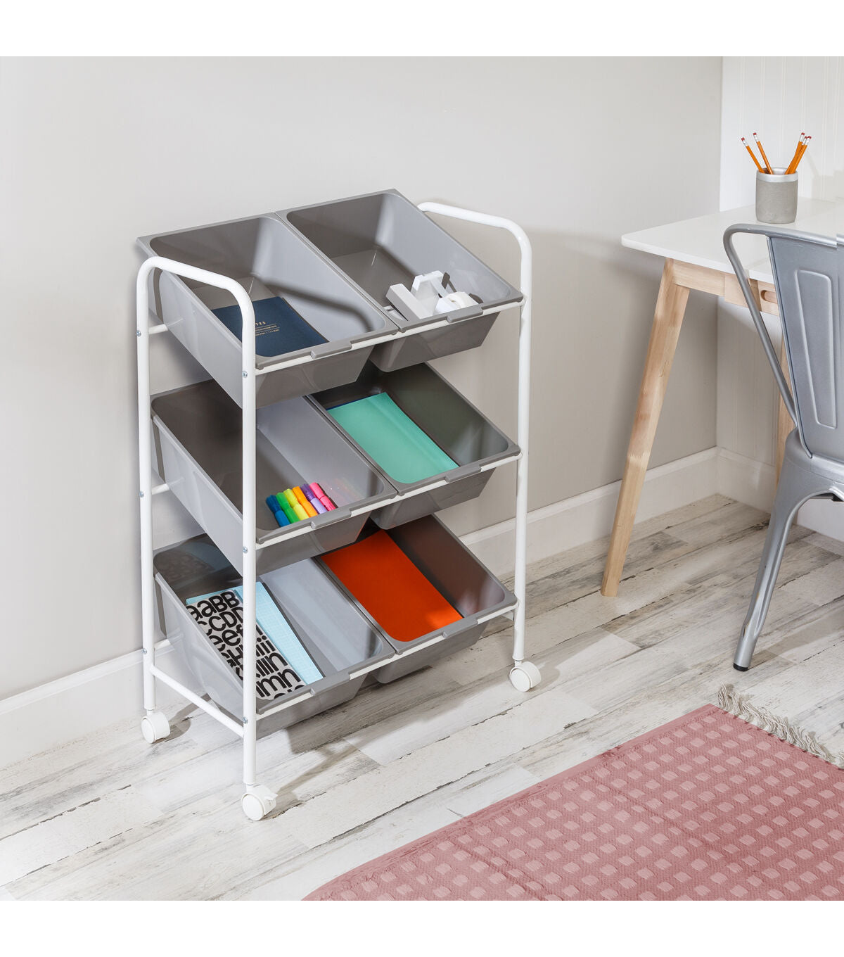 Honey Can Do 24 x 34 Gray & White 6 Bin Rolling Storage & Craft Cart