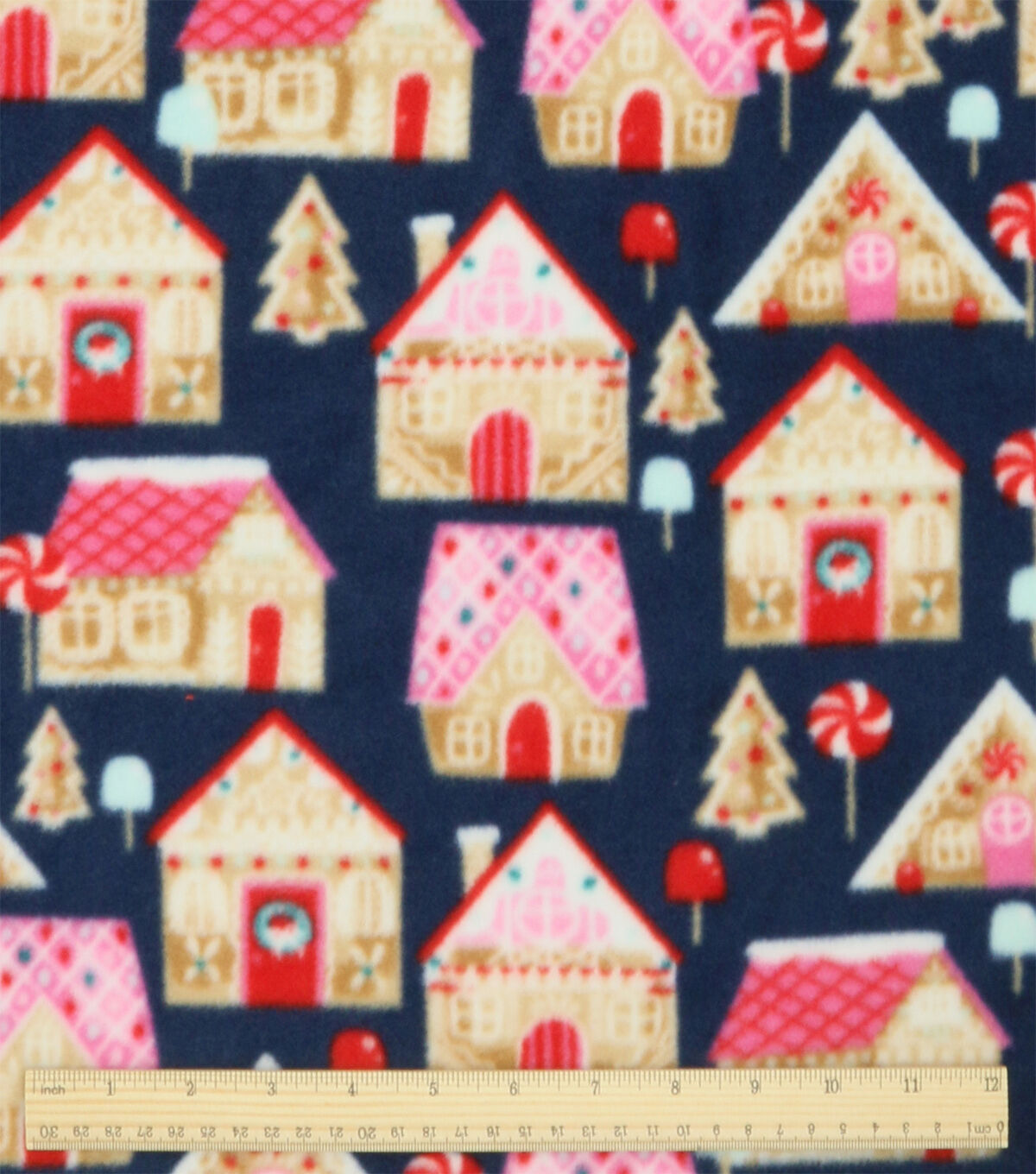 Christmas Gingerbread on Blue Anti Pill Fleece Fabric