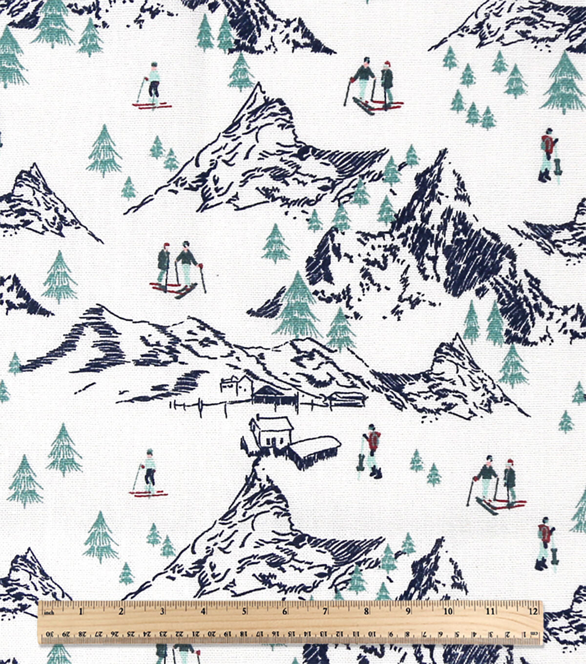 Skiing In The Mountains on White Novelty Cotton Fabric