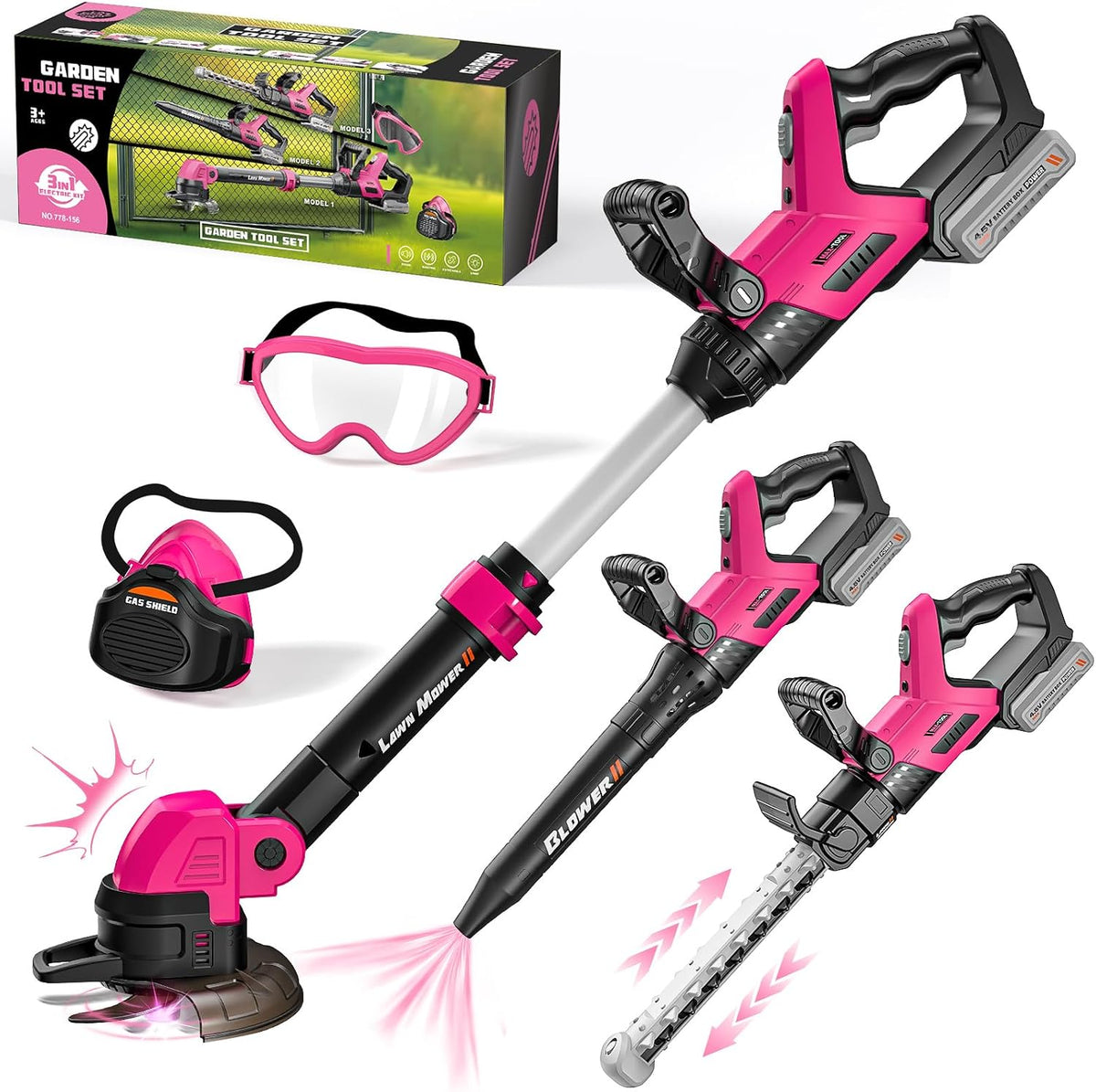 Kids Toy Tool Set, 3-IN-1 Power Garden Lawn Tools with Sounds & Lights, Volume, Toy Weed Wacker, Leaf Blower&Hedge Trimmer, Outdoor Play Toy Tools, Christmas Birthday Gifts for Boy Toys 3 4 5 6 7 8+