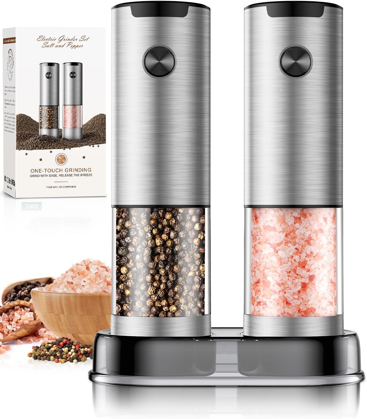 Electric Salt and Pepper Grinder Set Automatic Battery Pepper Mill Shakers Adjustable Coarseness Upgraded Larger Capacity with Led Home and Kitchen Appliances White Elephant Gifts for Women Men