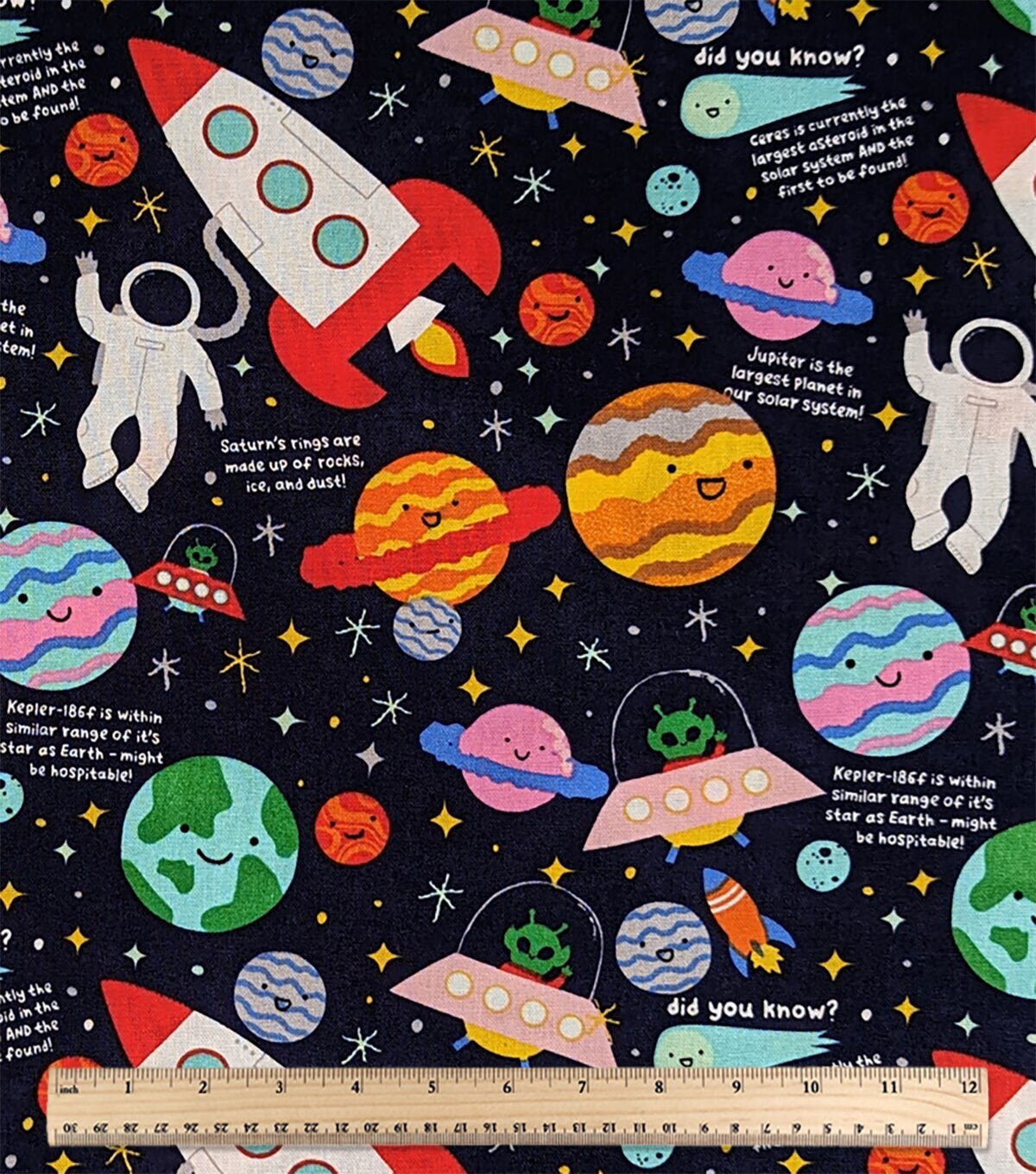 Outer Space Friends On Black Novelty Cotton Fabric by POP!