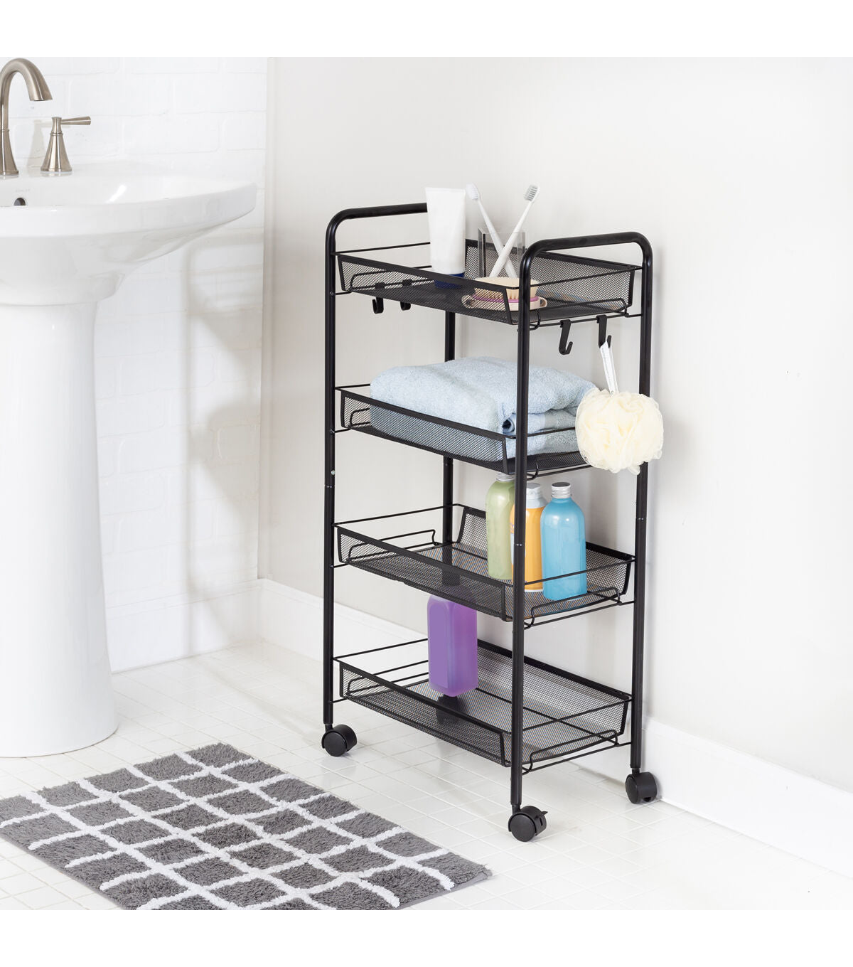 Honey Can Do 17.5 x 33 Black 4 Tier Metal Storage Cart With 5 Hooks