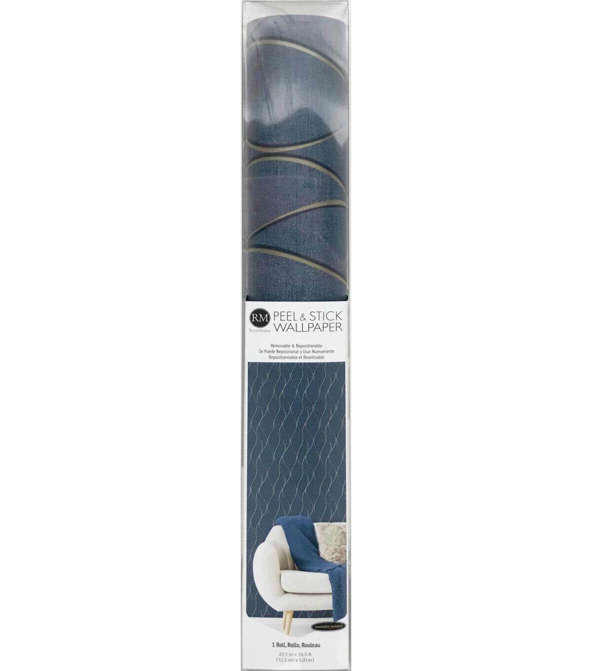 RoomMates Wallpaper Navy Wave Ogee