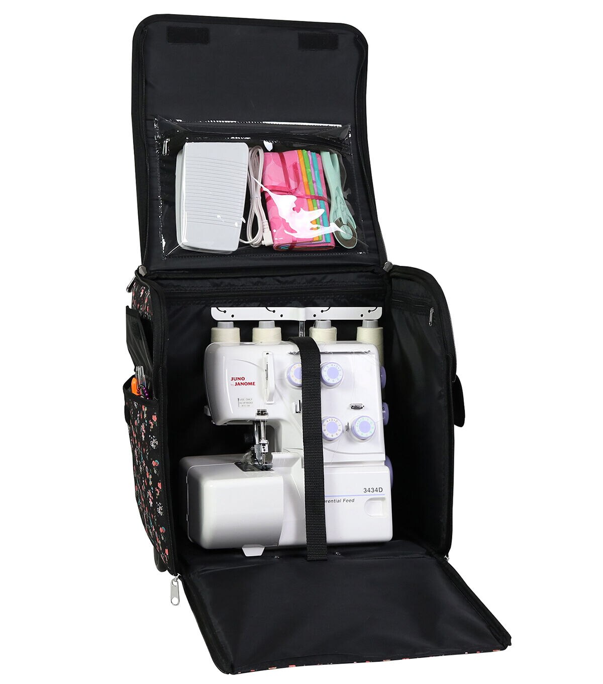 Everything Mary 15 Floral on Black Rolling Serger Machine Storage Case