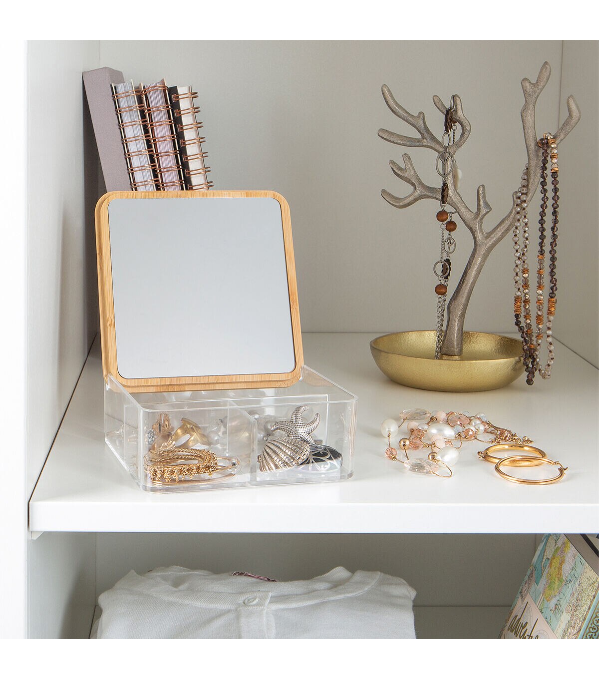 Simplify 6 Clear 3 Compartment Organizer With Bamboo Lid & Mirror