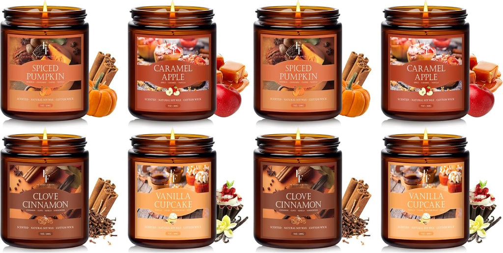 Fall Candles Set, 4 Pack Candles for Home Scented Natural Soy Wax, Autumn Gifts Set for Women Men, Fall Fragrance of Pumpkin/Cinnamon/Vanilla Cupcake/Apple
