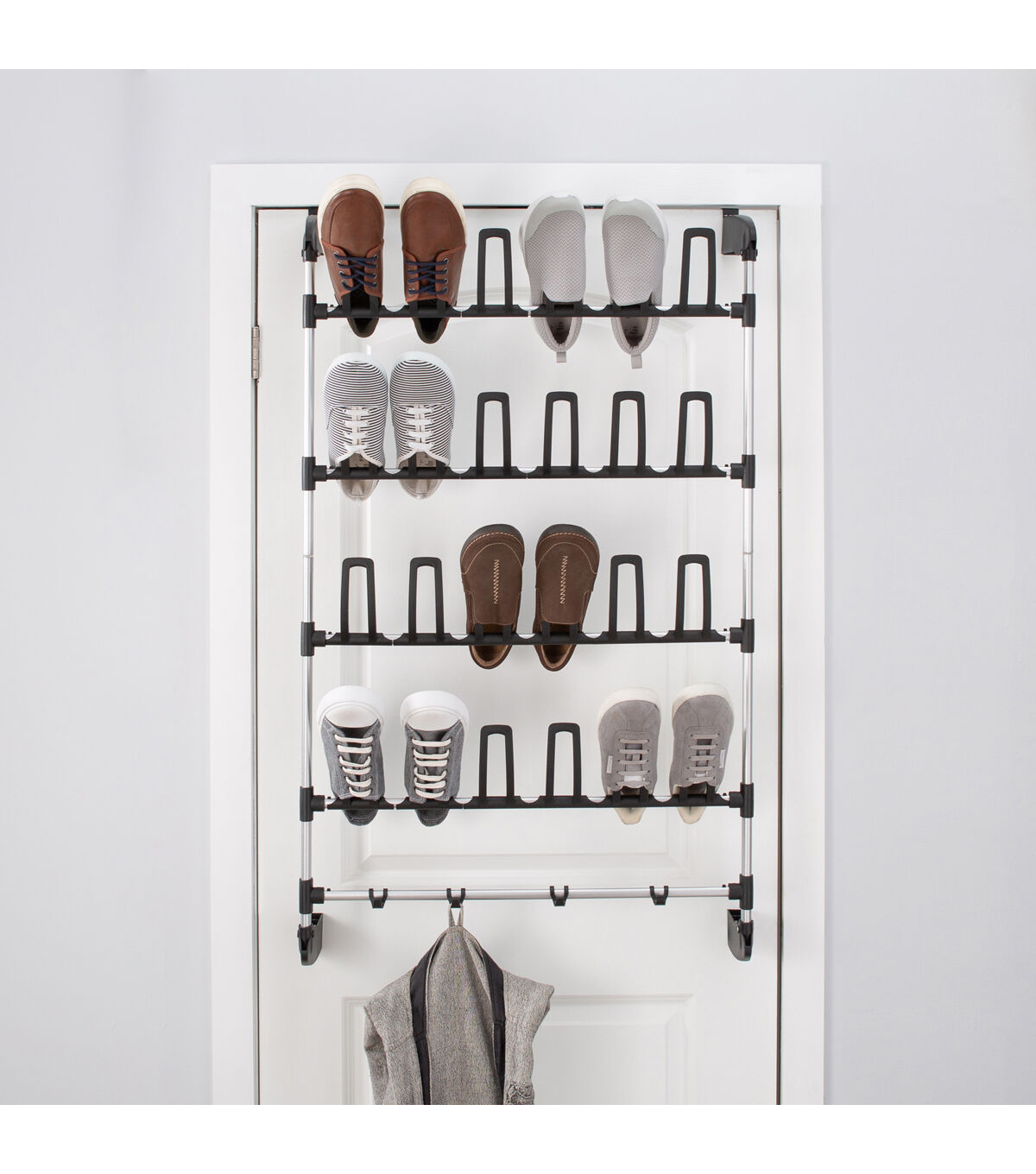 Organize It All 27 Black 12 Pair Over the Door Shoe Rack With Hooks