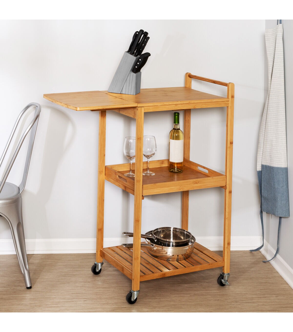 Honey Can Do 38 Natural Bamboo Kitchen Cart With Wheels & Drop Leaf