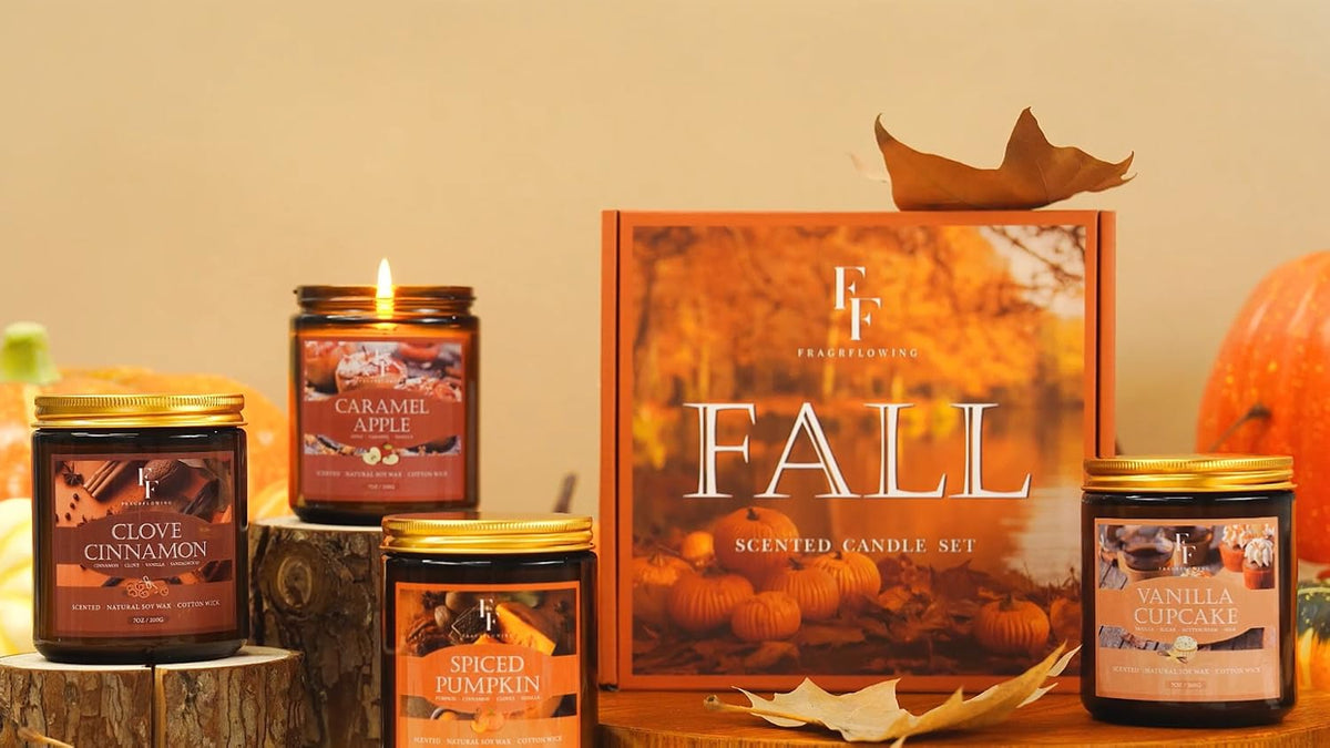 Fall Candles Set, 4 Pack Candles for Home Scented Natural Soy Wax, Autumn Gifts Set for Women Men, Fall Fragrance of Pumpkin/Cinnamon/Vanilla Cupcake/Apple