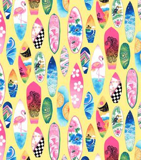 Fabric Traditions Surfboards on Yellow Novelty Cotton Fabric