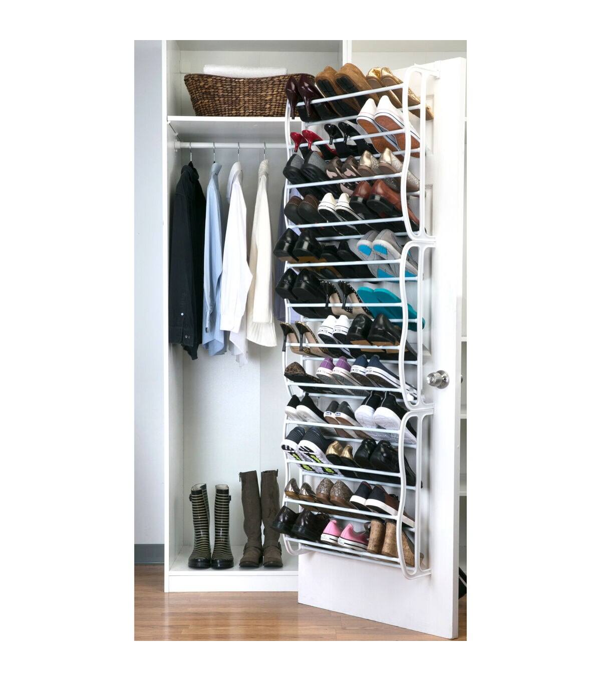 Simplify 71 White 36 Pair Adjustable Over the Door Shoe Rack