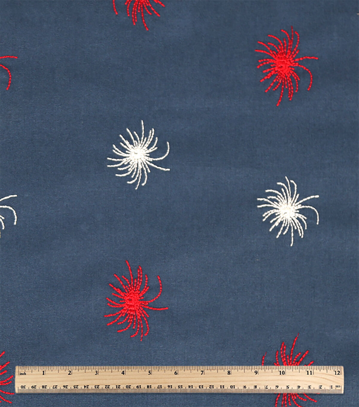 Blue Embroidered Firework Patriotic Cotton Fabric