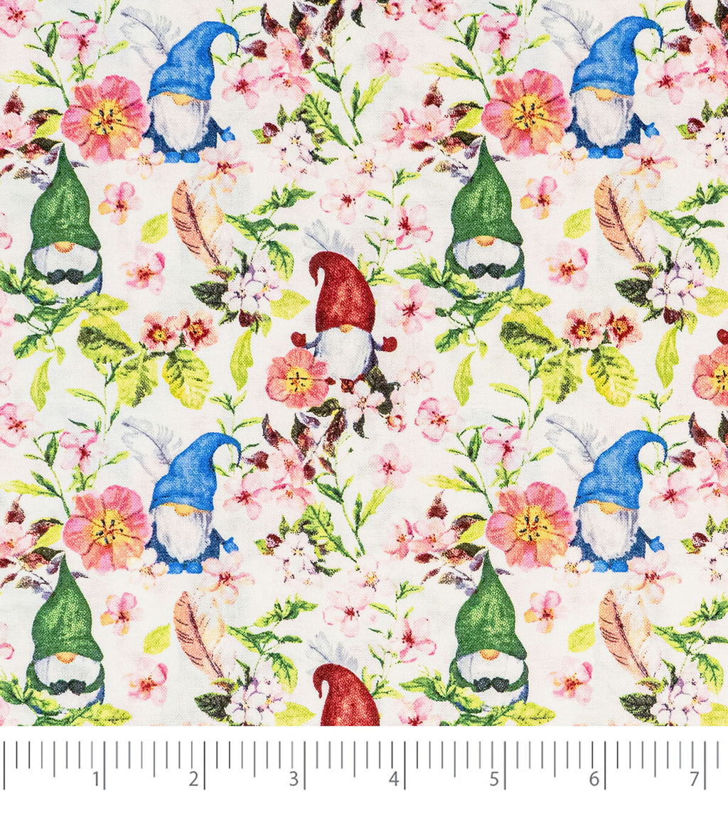Singer Springtime Gnomes White Cotton Fabric