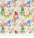 Singer Springtime Gnomes White Cotton Fabric