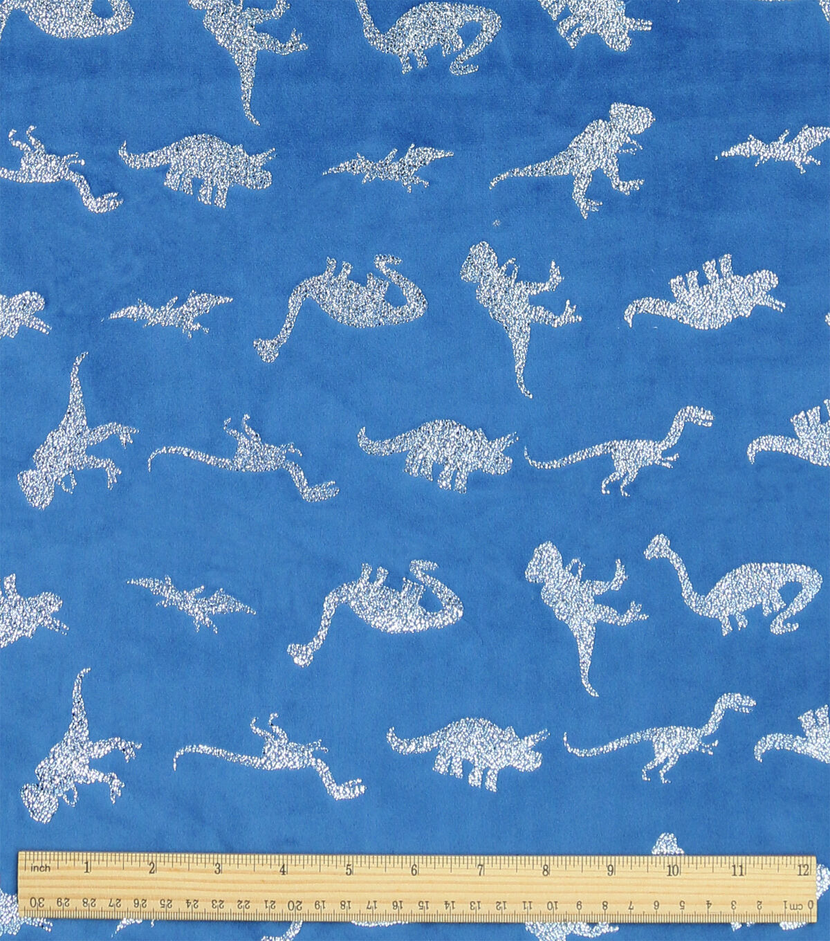 Foil Dinosaurs on Blue Pure Plush Fleece Fabric