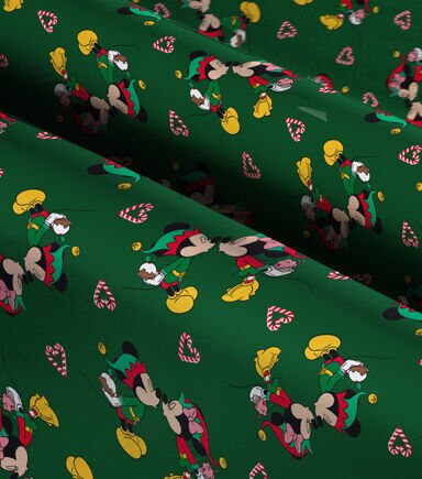Mickey & Minnie Kisses on Green Christmas Cotton Fabric