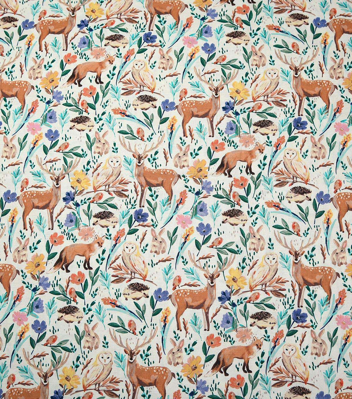 Watercolor Brown Woodland Friends Novelty Cotton Fabric