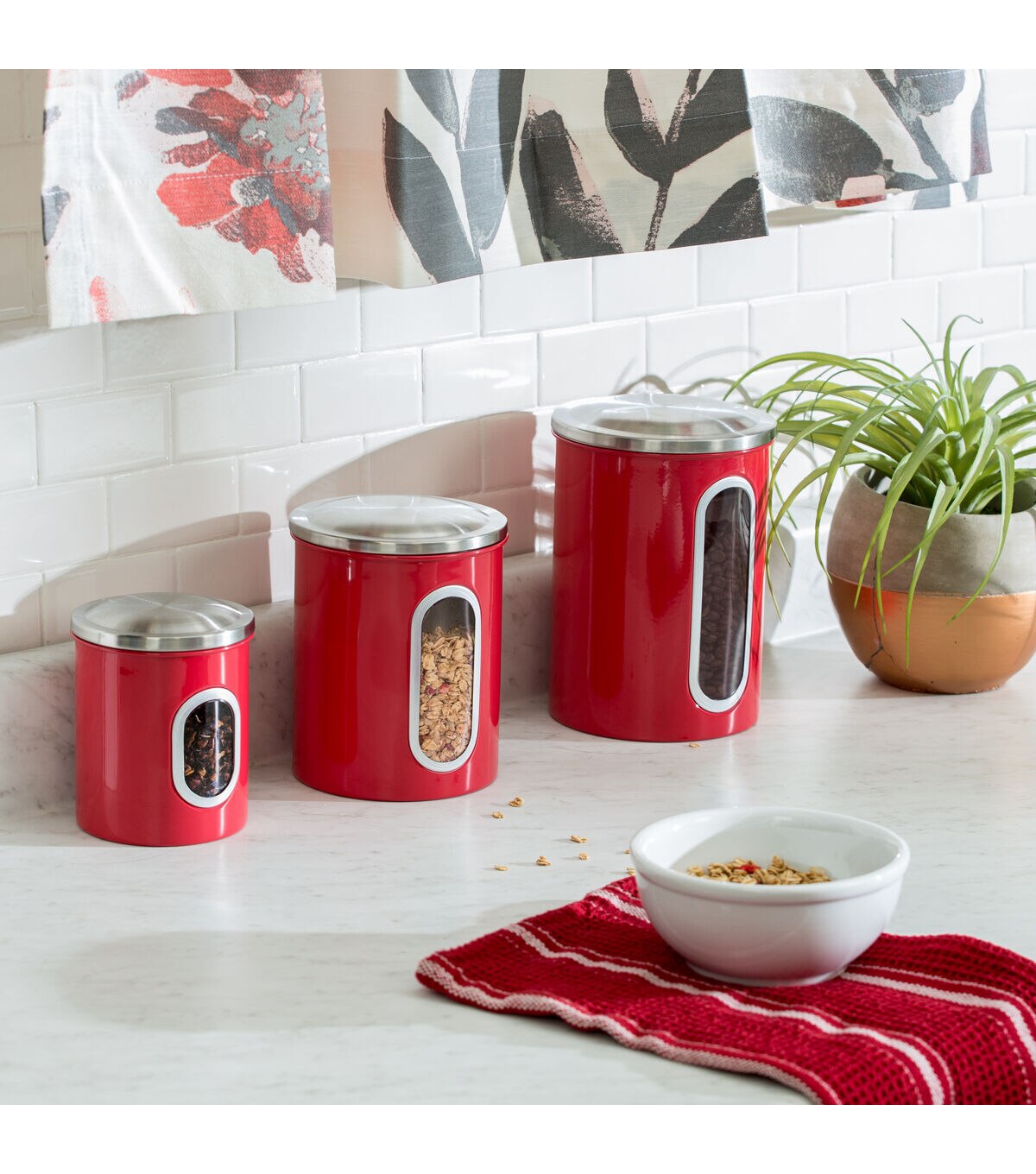 Honey Can Do 3ct Red Stainless Steel Canisters With Windows