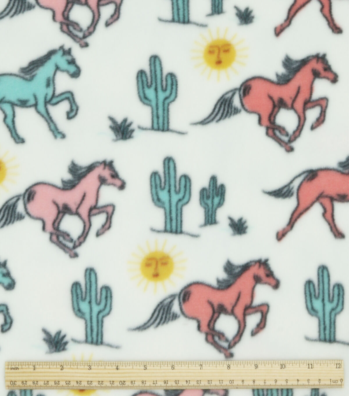Horses in the Desert on White Anti Pill Fleece Fabric