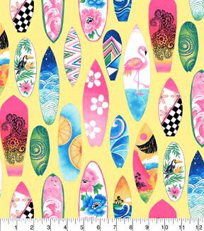Fabric Traditions Surfboards on Yellow Novelty Cotton Fabric