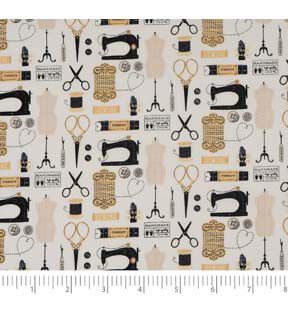 SINGER Sewing Tools on Brown Cotton Fabric by Keepsake Calico