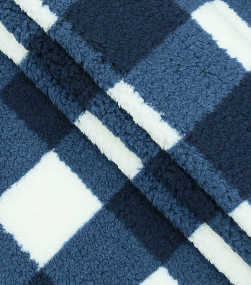 Navy Gingham Sherpa Fleece Fabric