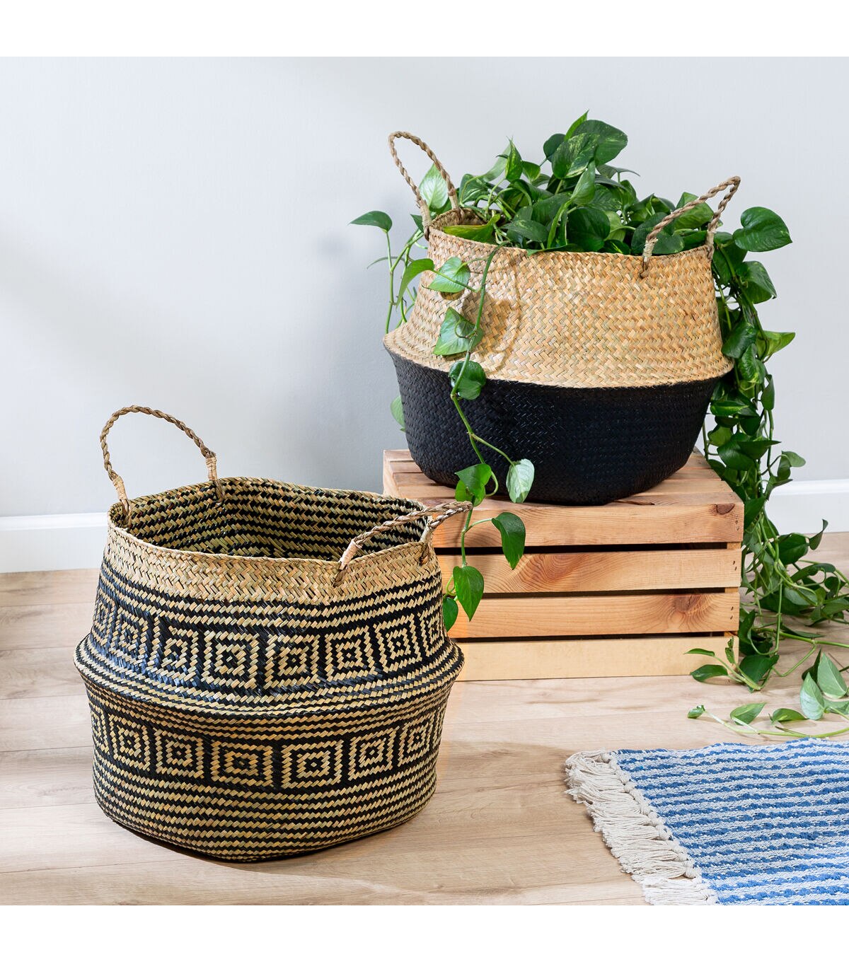 Honey Can Do 18 Brown & Black Folding Seagrass Woven Baskets 2ct