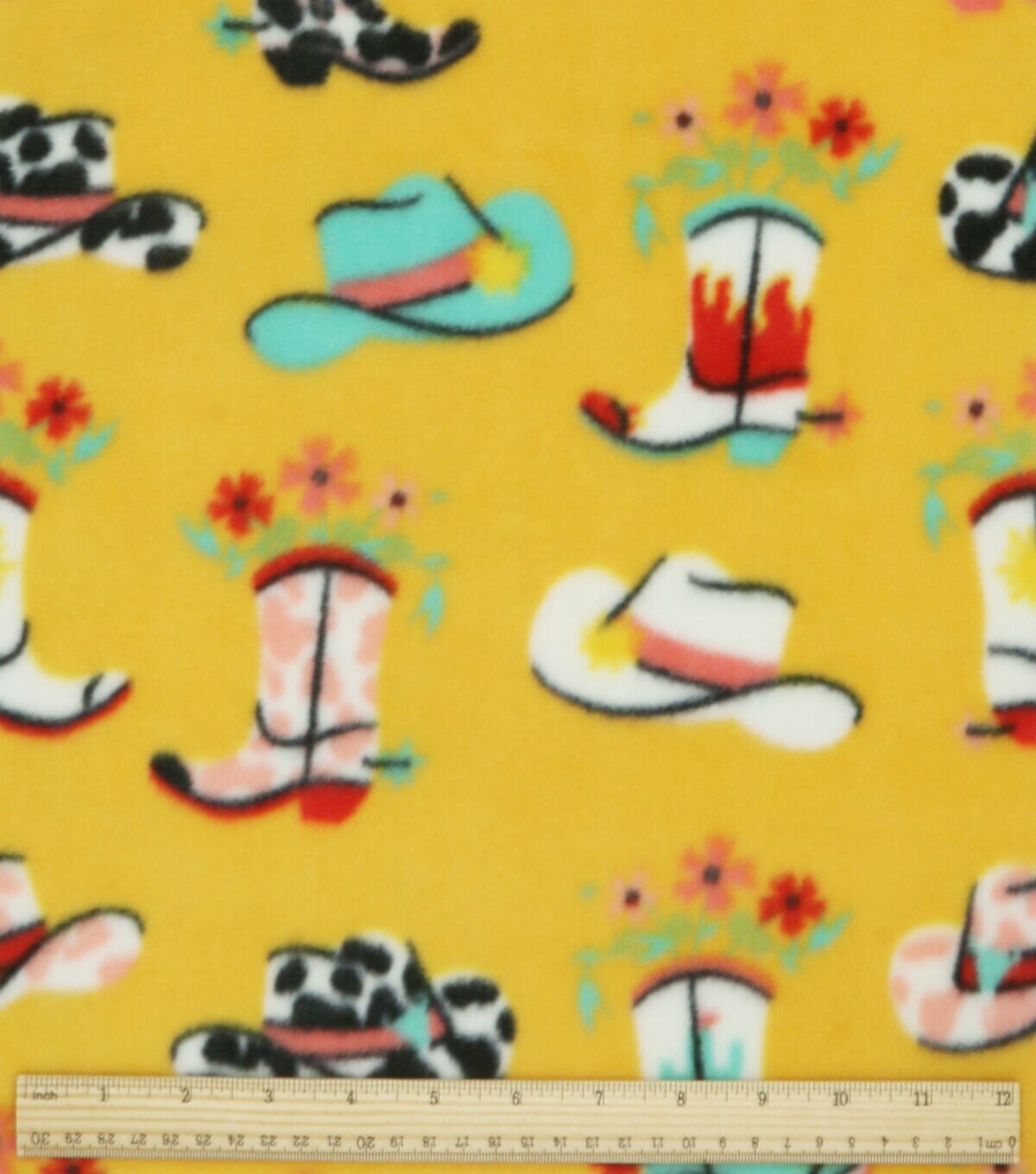 Floral Cowboy Boots on Yellow Anti Pill Fleece Fabric