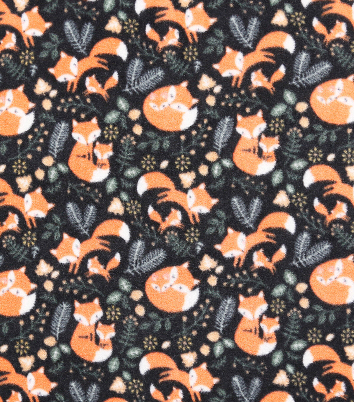 Sweet Foxes on Black Anti Pill Fleece Fabric
