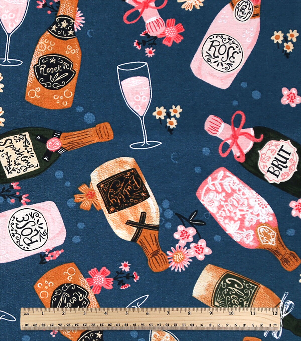 Champagne Flutes & Bottles on Blue Novelty Cotton Fabric