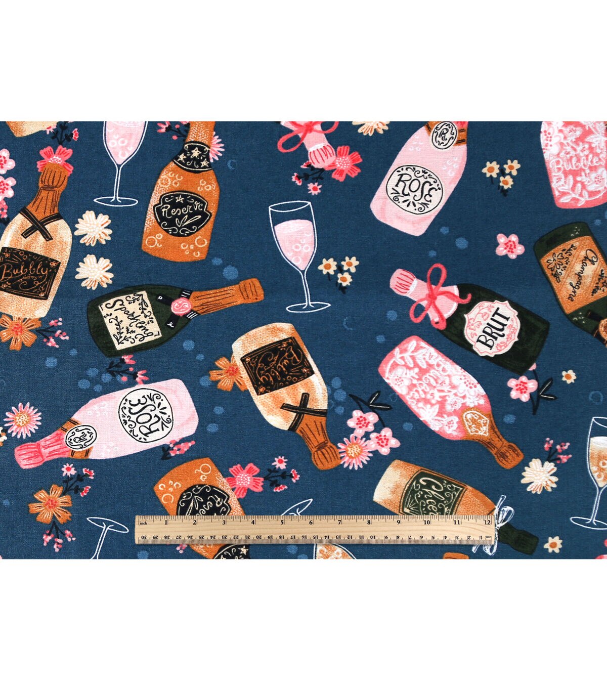 Champagne Flutes & Bottles on Blue Novelty Cotton Fabric
