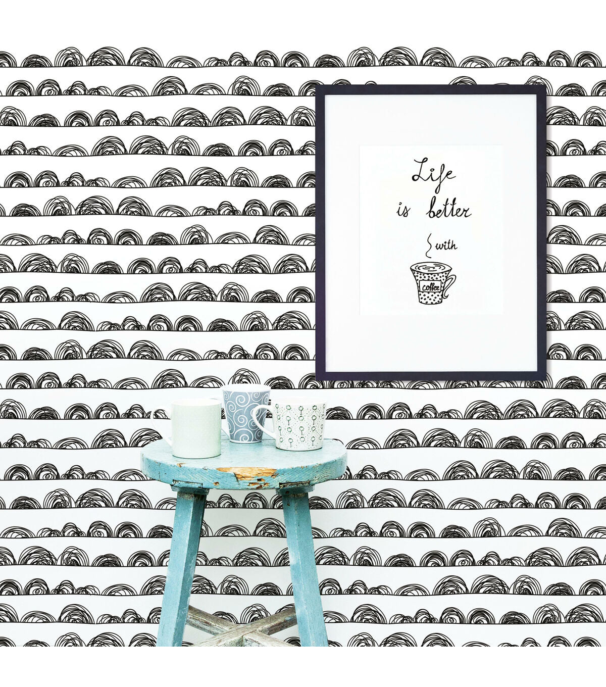 RoomMates 20.5 x 16.5' Gray Doodle Scallop Peel & Stick Wallpaper