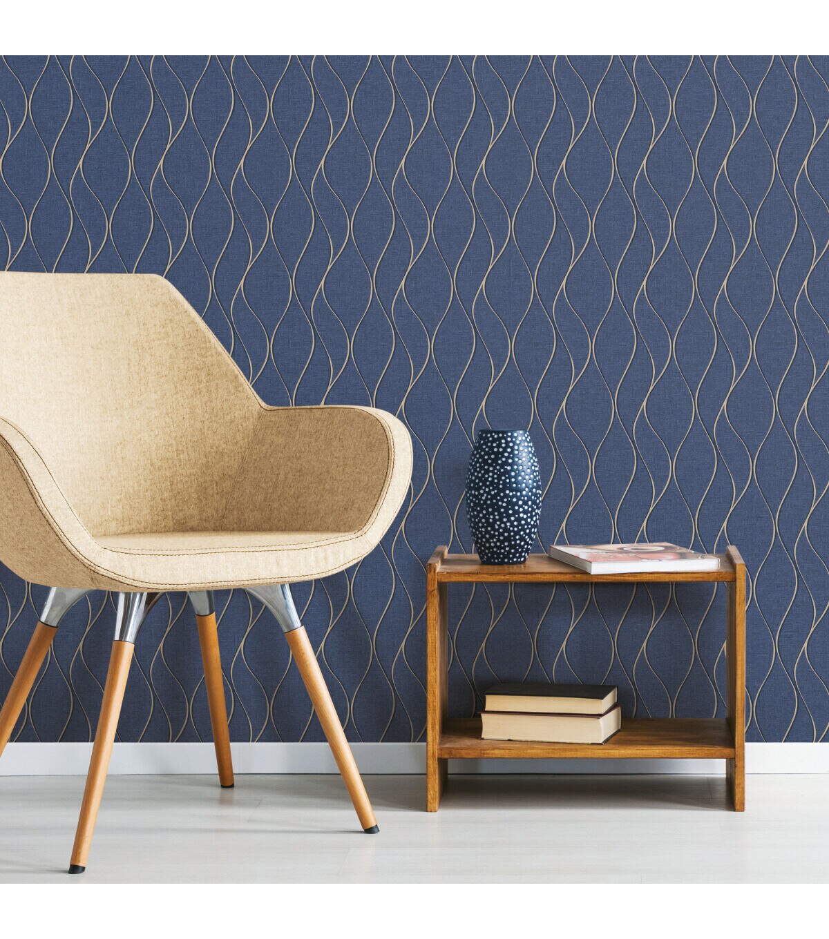 RoomMates Wallpaper Navy Wave Ogee