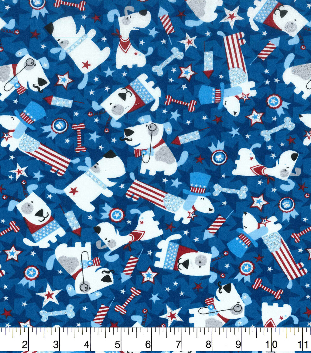 Patriotic Puppy Glitter Cotton Fabric