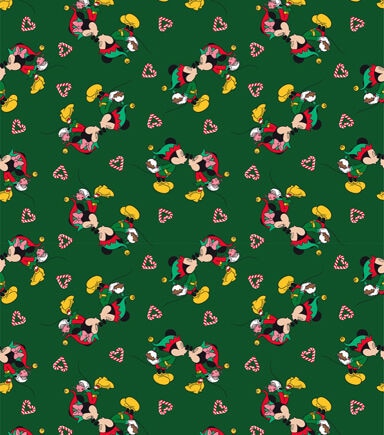 Mickey & Minnie Kisses on Green Christmas Cotton Fabric
