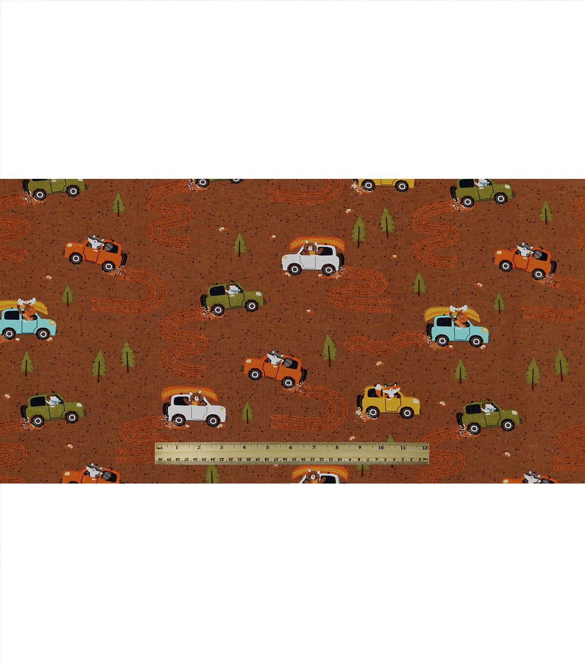 Animals In Camping Cars On Brown Super Snuggle Flannel Fabric by POP!