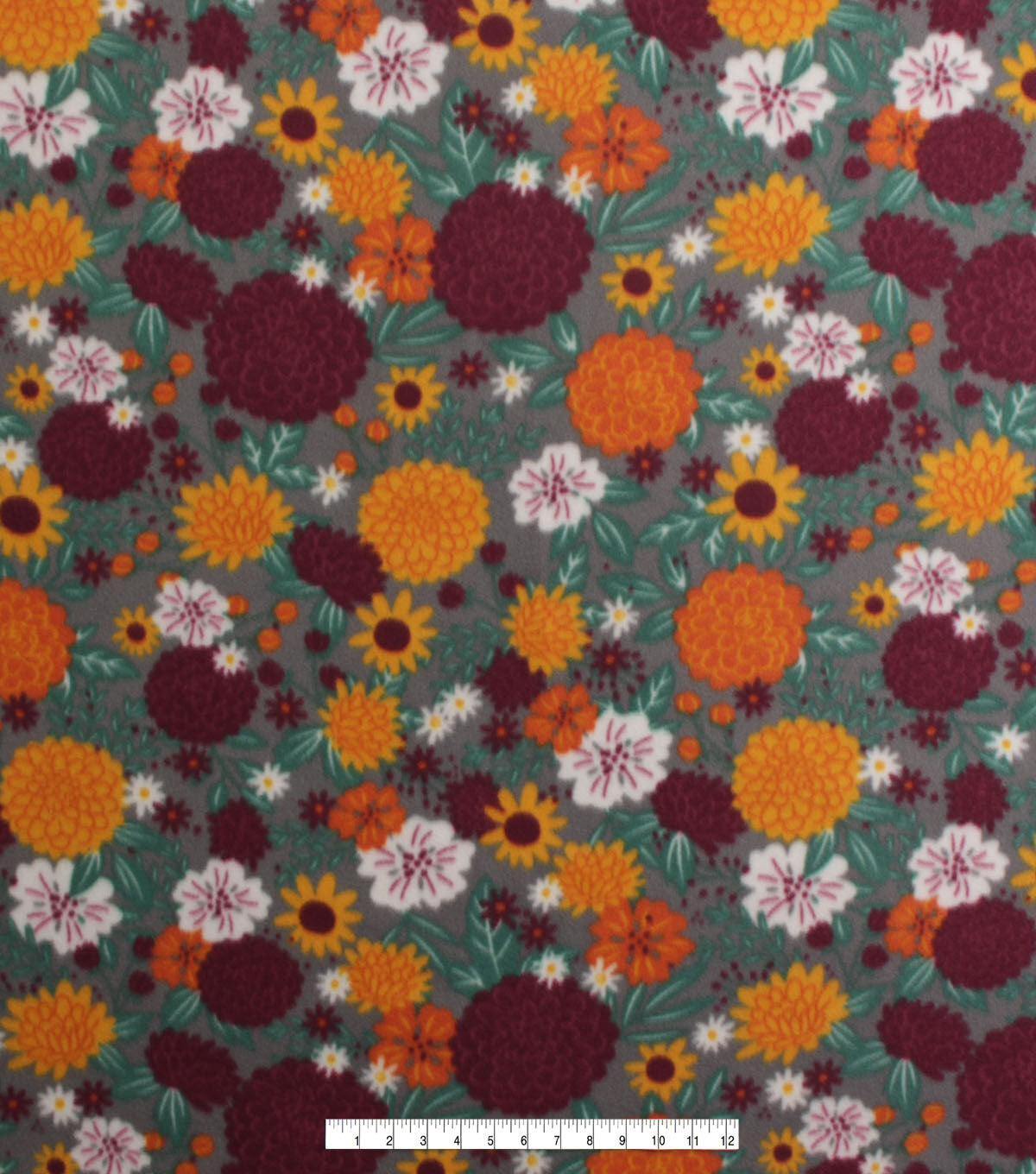 Orange & Red Mums on Gray Blizzard Fleece Fabric