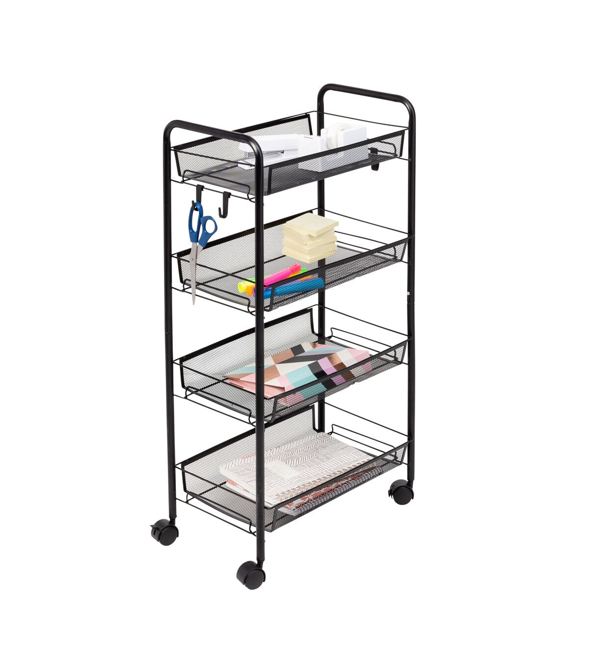 Honey Can Do 17.5 x 33 Black 4 Tier Metal Storage Cart With 5 Hooks