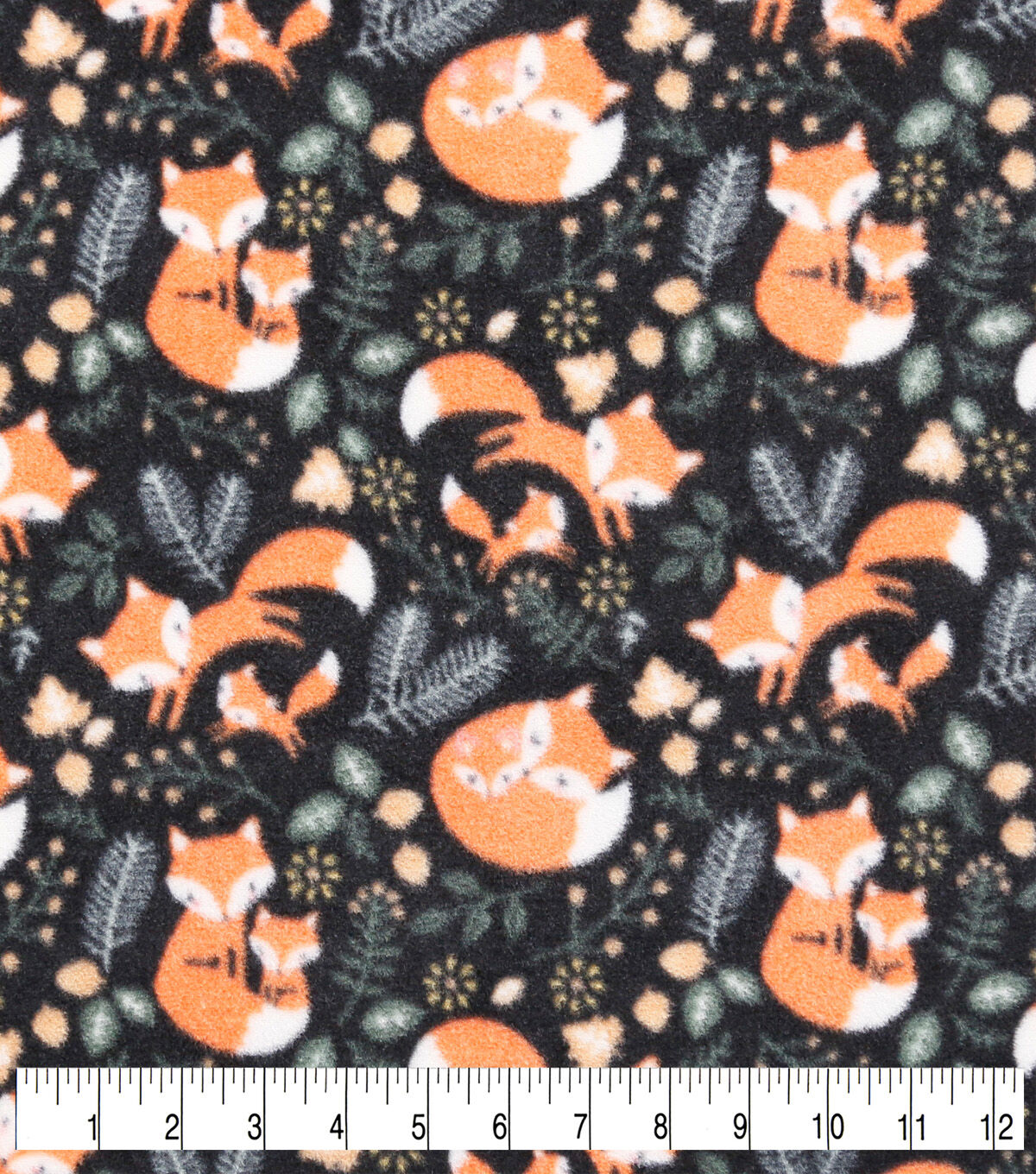 Sweet Foxes on Black Anti Pill Fleece Fabric