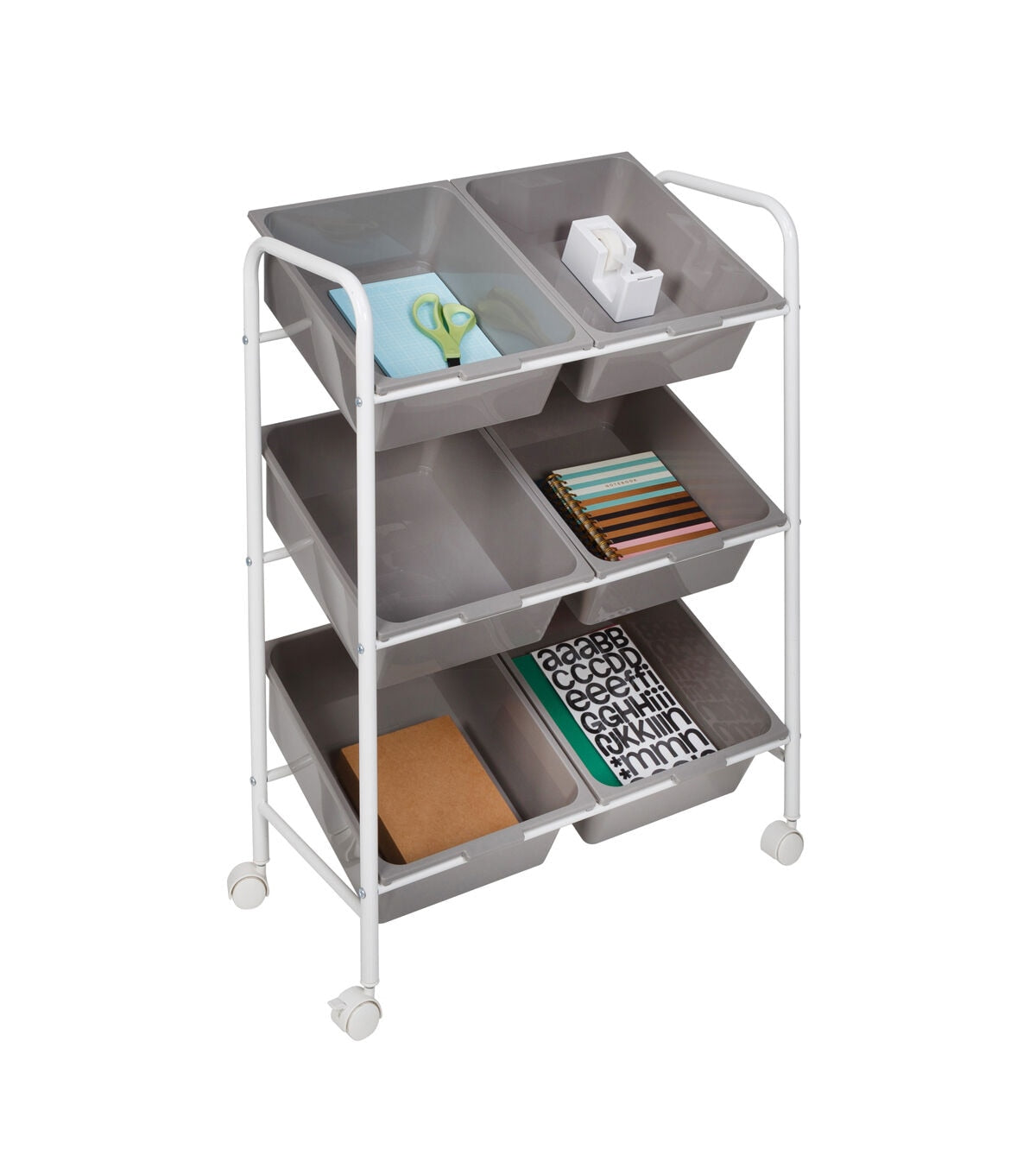 Honey Can Do 24 x 34 Gray & White 6 Bin Rolling Storage & Craft Cart