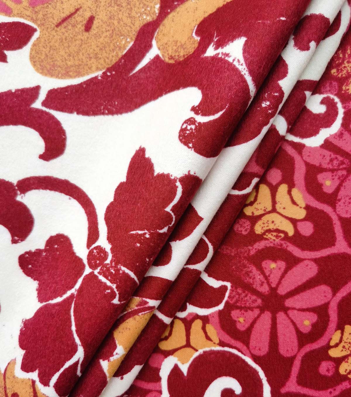 Red Damask Floral Red Luxe Flannel Fabric