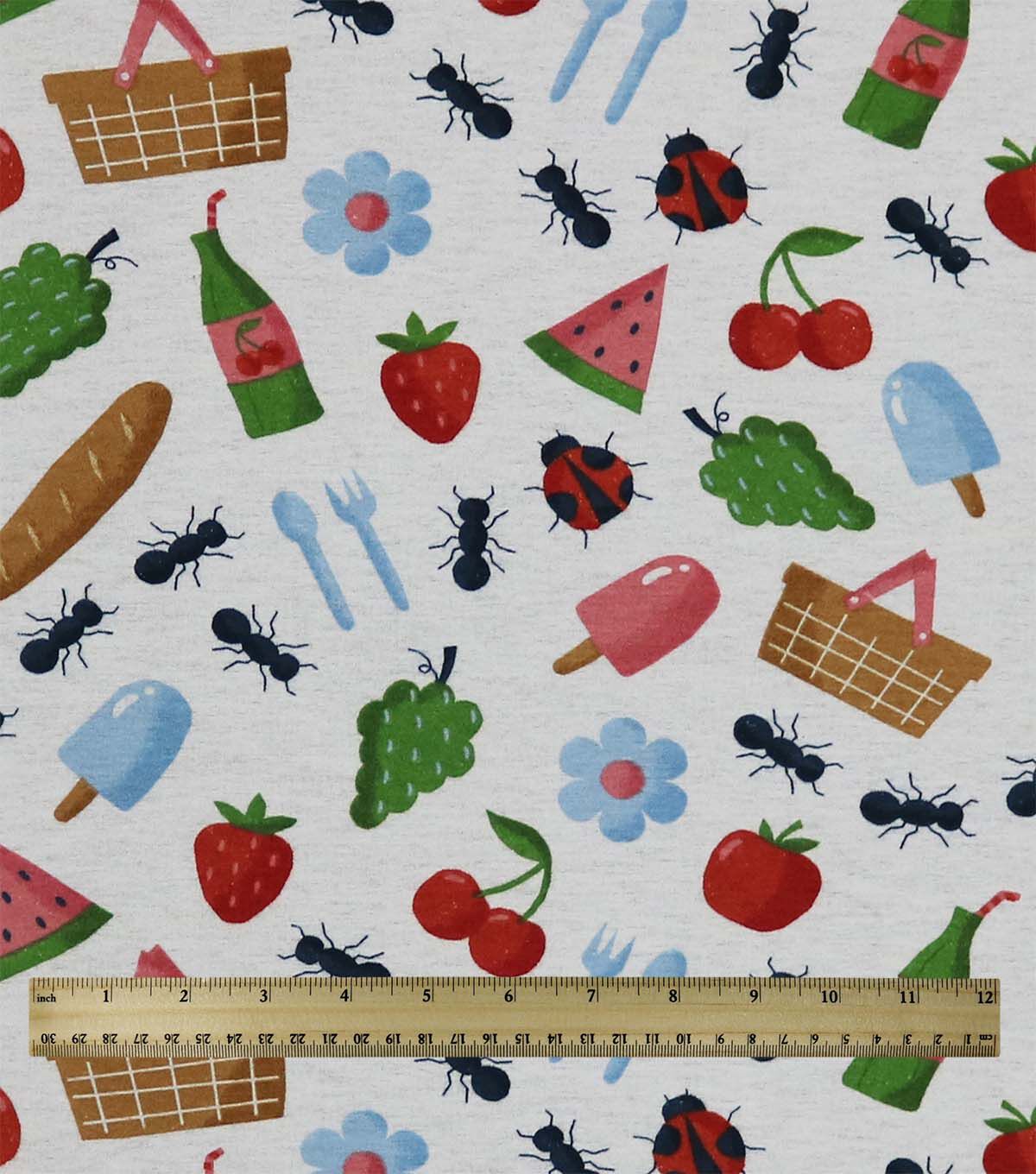 Picnic Icons on White Super Snuggle Flannel Fabric