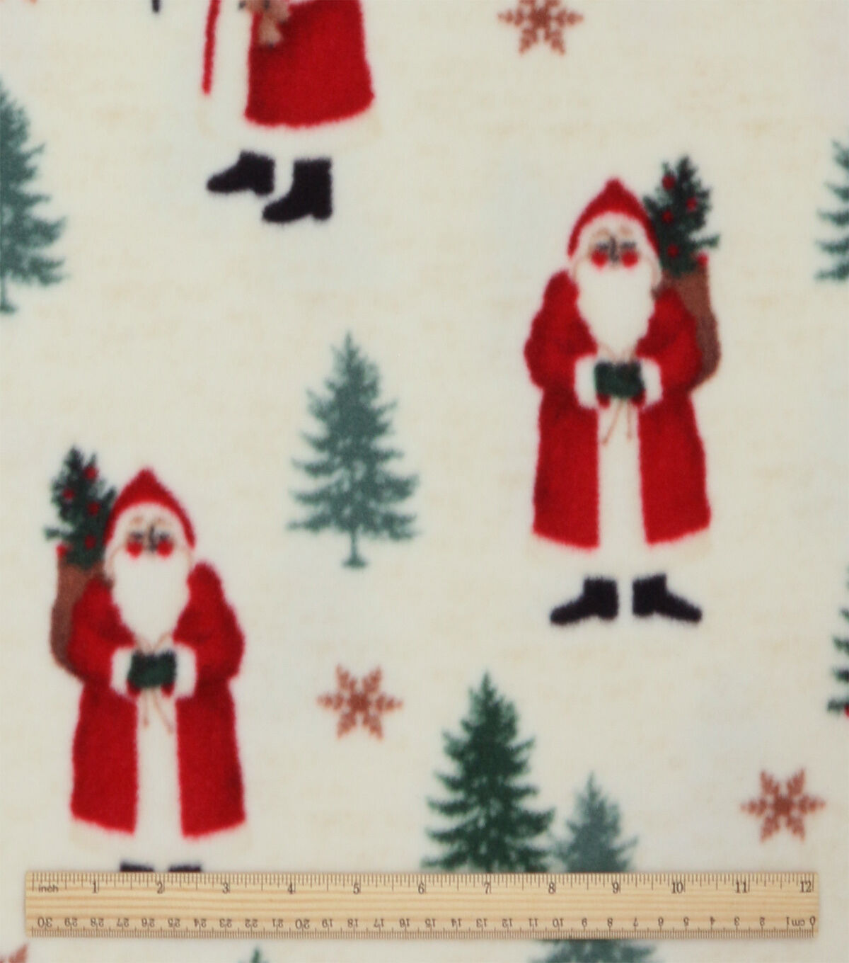 Santa & Pine Trees on White Anti Pill Fleece Fabric