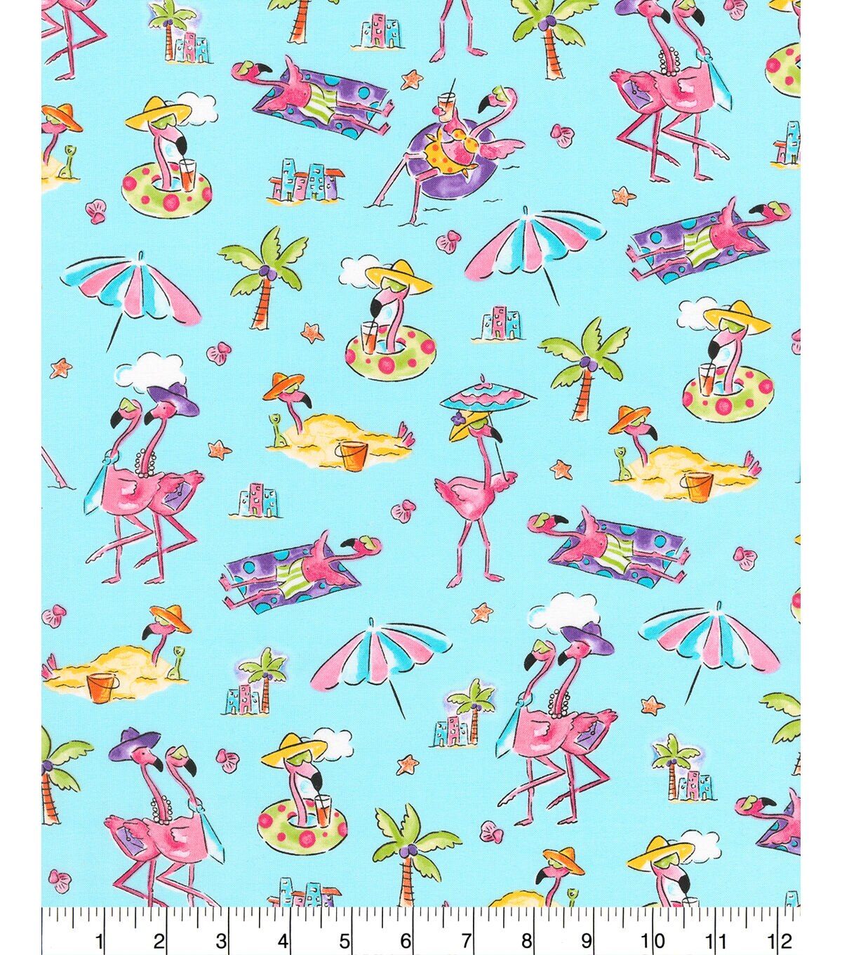 Robert Kaufman Novelty Cotton Fabric Flamingos On The Beach