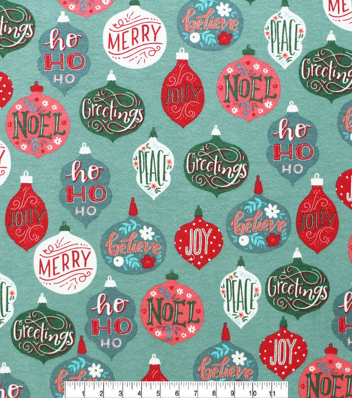 Word Ornaments on Blue Super Snuggle Christmas Flannel Fabric