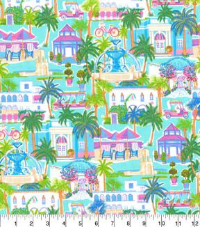 Fabric Traditions Blue & Green Palm Beach Scene Novelty Cotton Fabric