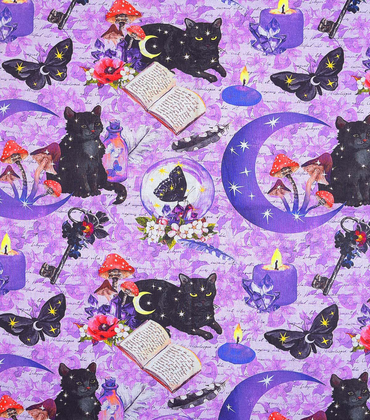 Mystical Black Cats on Purple Novelty Cotton Fabric