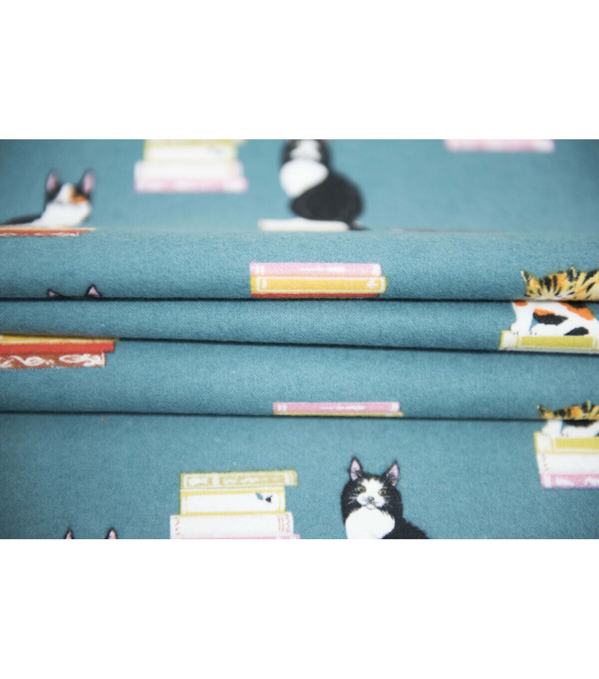 Teal Cats Standing On Books Super Snuggle Flannel Fabric By POP!